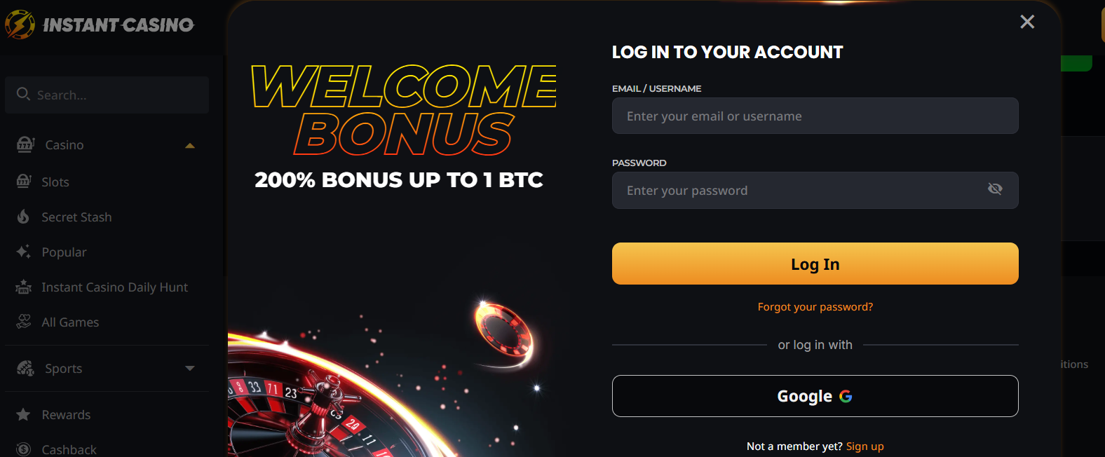 Instant Casino login page with 200% welcome bonus up to 1 BTC, secure sign-in form, and quick access via email or Google.