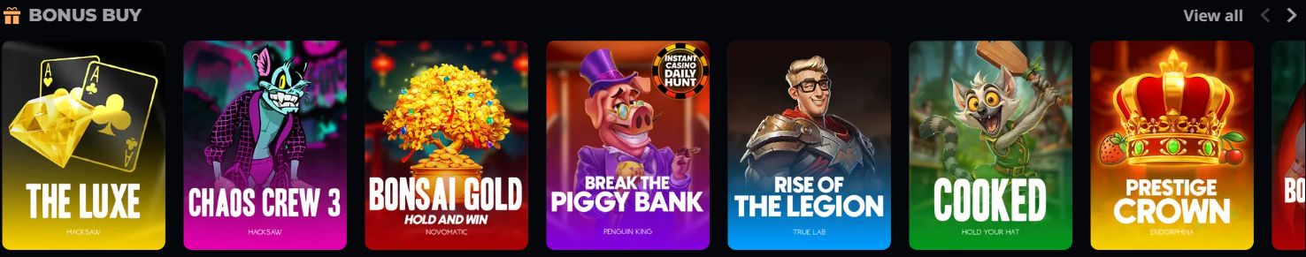 Bonus Buy casino games carousel featuring popular titles like The Luxe, Chaos Crew 3, Bonsai Gold, Break the Piggy Bank, and Prestige Crown for instant feature access.